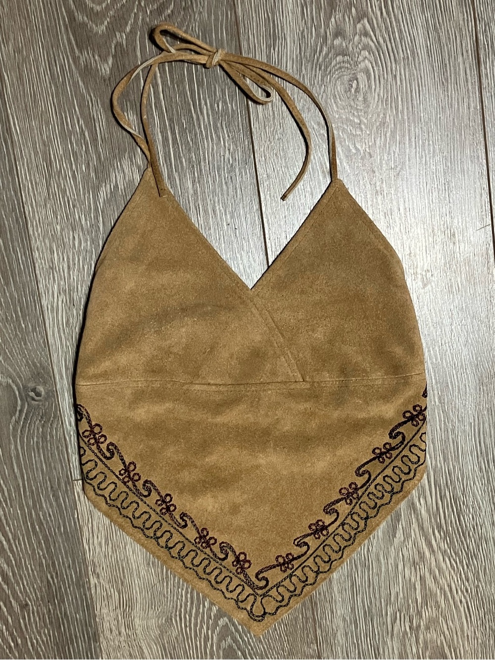 ✨Y2K ✨Boho Western Leather Halter Bandana Top in Camel with Embroidered Trim